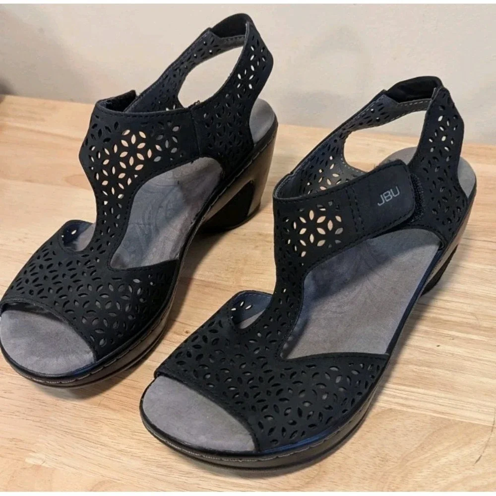 JBU By Jambu Sandals 7.5M Chloe Wedge Heels Laser Cut Black Vegan Leather Strap